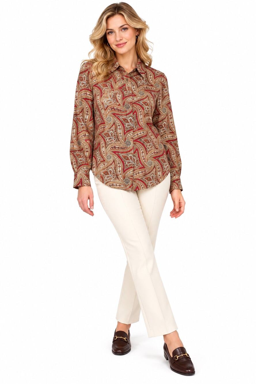 Talbots 100% Silk Brown, White & Red Swirling Paisley Print Long Sleeve Blouse
